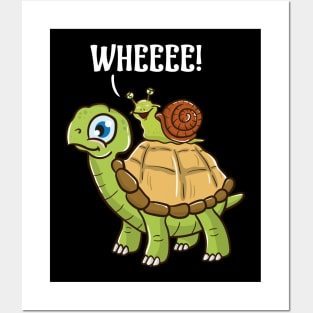 Cute & Funny Snail Riding on Turtle Yelling Wheee! Posters and Art